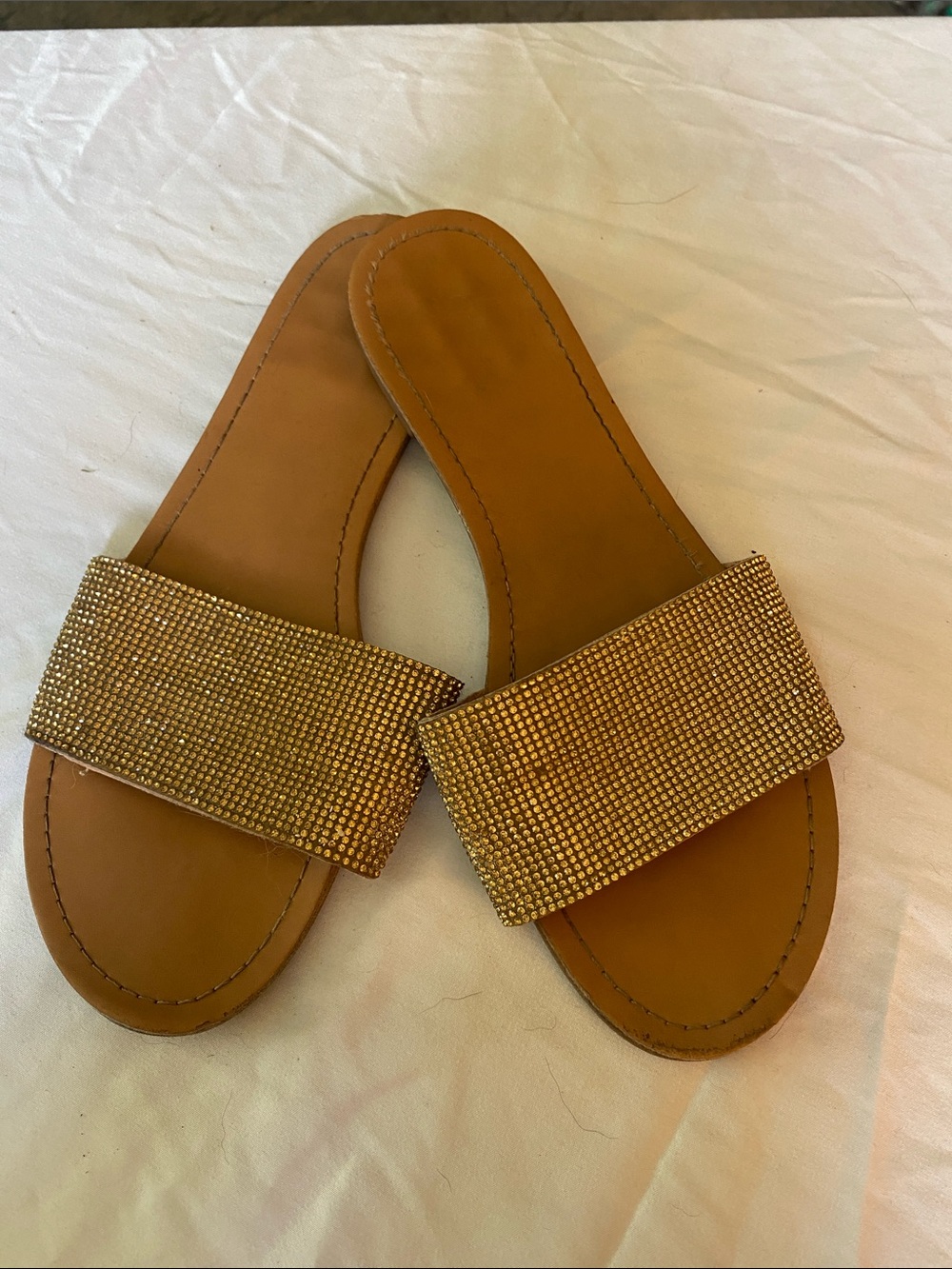 Source Unknown Tan Slide Sandals with Gold Crystal Strap